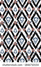 Abstract Hand Drawing Boho Ethnic Ikat Diamond Shapes with Roses Repeating Vector Pattern Isolated Background 