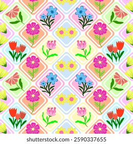 Abstract hand drawing botanical seamless pattern on multi colored background. Vector illustration.