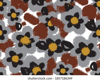 Abstract Hand Drawing Brush Strokes Furry Flowers and Leaves Repeating Vector Pattern Isolated Background 