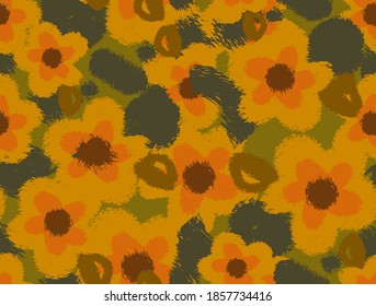 Abstract Hand Drawing Brush Strokes Furry Flowers and Leaves Repeating Vector Pattern Isolated Background 
