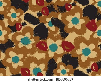 Abstract Hand Drawing Brush Strokes Furry Flowers and Leaves Repeating Vector Pattern Isolated Background 