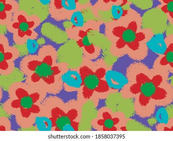 Abstract Hand Drawing Brush Strokes Furry Flowers and Leaves Repeating Vector Pattern Isolated Background 