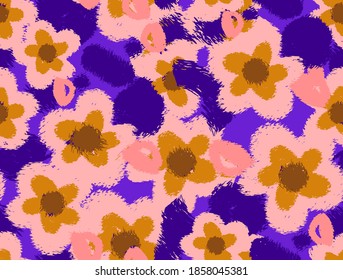 Abstract Hand Drawing Brush Strokes Furry Flowers and Leaves Repeating Vector Pattern Isolated Background 