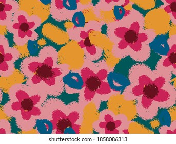 Pincel de dibujo a mano abstracto que tira flores y hojas que repiten patrón vectorial aislado fondo 