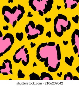 Abstract Hand Drawing Brush Strokes Heart Shape Leopard Cheetah Animal Skin Seamless Vector Pattern Isolated Background