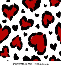 Abstract Hand Drawing Brush Strokes Heart Shape Leopard Cheetah Animal Skin Seamless Vector Pattern Isolated Background