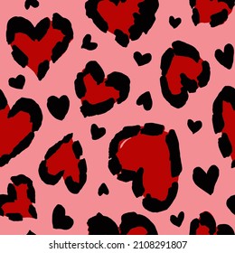 Abstract Hand Drawing Brush Strokes Heart Shape Leopard Cheetah Animal Skin Seamless Vector Pattern Isolated Background
