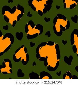 Abstract Hand Drawing Brush Strokes Heart Shape Leopard Cheetah Animal Skin Seamless Vector Pattern Isolated Background