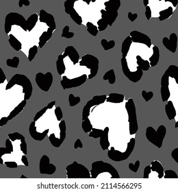 Abstract Hand Drawing Brush Strokes Heart Shape Leopard Cheetah Animal Skin Seamless Vector Pattern Isolated Background