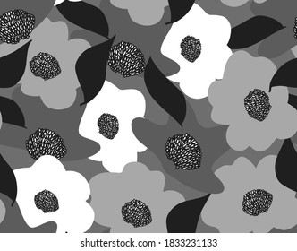 Abstract Hand Drawing Camouflage Retro Flowers and Leaves Repeating Vector Pattern Isolated Background