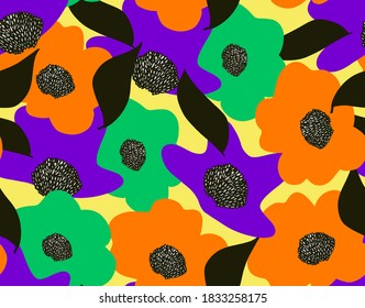 Abstract Hand Drawing Camouflage Retro Flowers and Leaves Repeating Vector Pattern Isolated Background