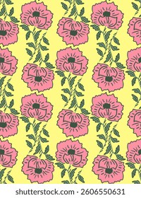 Abstract Hand Drawing Carnation Rose Dahlia Flowers and Leaves Seamless Vector Pattern Isolated Background