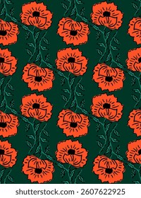 Abstract Hand Drawing Carnation Rose Dahlia Flowers and Leaves Seamless Vector Pattern Isolated Background