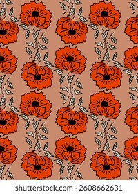 Abstract Hand Drawing Carnation Rose Dahlia Flowers and Leaves Seamless Vector Pattern Isolated Background