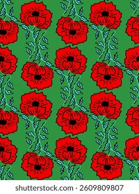 Abstract Hand Drawing Carnation Rose Dahlia Flowers and Leaves Seamless Vector Pattern Isolated Background