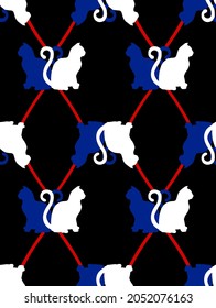 Abstract Hand Drawing Cat Silhouettes with Geometric Tile Argyle Shapes Seamless Vector Pattern Isolated Black Background