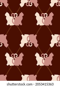 Abstract Hand Drawing Cat Silhouettes with Geometric Tile Argyle Shapes Seamless Vector Pattern Isolated Bordeaux Background