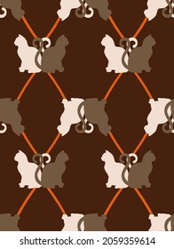 Abstract Hand Drawing Cat Silhouettes with Geometric Tile Argyle Shapes Seamless Vector Pattern Isolated Brown Background