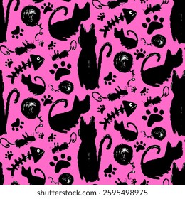 Abstract Hand Drawing Cats Paws Fishbones Mice Sketch Doodle Seamless Childish Baby Textile Vector Pattern Isolated Background