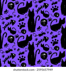 Abstract Hand Drawing Cats Paws Fishbones Mice Sketch Doodle Seamless Childish Baby Textile Vector Pattern Isolated Background