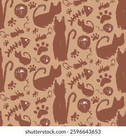 Abstract Hand Drawing Cats Paws Fishbones Mice Sketch Doodle Seamless Childish Baby Textile Vector Pattern Isolated Background