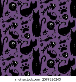 Abstract Hand Drawing Cats Paws Fishbones Mice Sketch Doodle Seamless Childish Baby Textile Vector Pattern Isolated Background