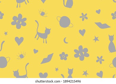 Abstrakte handgezeichnete Katzen Planeten Sterne Mond Galaxie Weltraum Blumen Augen Lippen und Herzen Doodle Wiederholung Vektormuster einzeln Hintergrund