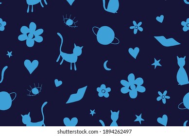 Resumen Dibujo Mano Gatos Planetas Estrellas Moon Galaxy Espacio Flores Ojos Labios y Corazón Doodle Repetir Patrón Vector Aislado Fondo