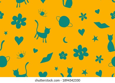 Resumen Dibujo Mano Gatos Planetas Estrellas Moon Galaxy Espacio Flores Ojos Labios y Corazón Doodle Repetir Patrón Vector Aislado Fondo