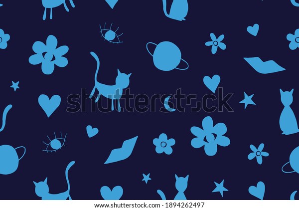 Abstract Hand Drawing Cats Planets Stars Moon\
Galaxy Space Flowers Eyes Lips and Hearts Doodle Repeating Vector\
Pattern Isolated\
Background