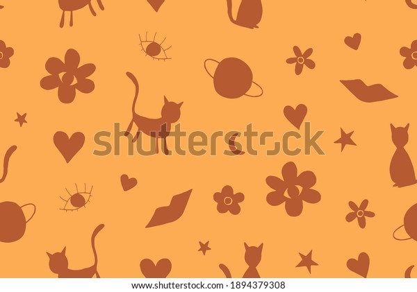 Abstract Hand Drawing Cats Planets Stars Moon\
Galaxy Space Flowers Eyes Lips and Hearts Doodle Repeating Vector\
Pattern Isolated\
Background