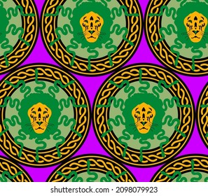 Abstract Hand Drawing Chained Circles with Snake Haired Lion Heads Seamless Vector Pattern Isolated Background