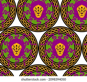 Abstract Hand Drawing Chained Circles with Snake Haired Lion Heads Seamless Vector Pattern Isolated Background