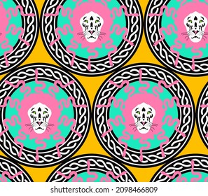 Abstract Hand Drawing Chained Circles with Snake Haired Lion Heads Seamless Vector Pattern Isolated Background