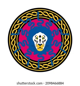 Abstract Hand Drawing Chained Circles with Snake Haired Lion Head Sticker Label Logo Placement Print Vector Pattern Isolated Background