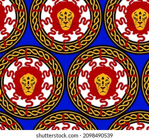 Abstract Hand Drawing Chained Circles with Snake Haired Lion Heads Seamless Vector Pattern Isolated Background
