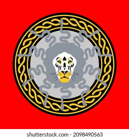 Abstract Hand Drawing Chained Circles with Snake Haired Lion Head Sticker Label Logo Placement Print Vector Pattern Isolated Background