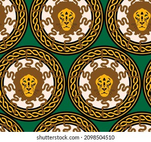 Abstract Hand Drawing Chained Circles with Snake Haired Lion Heads Seamless Vector Pattern Isolated Background