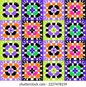 Abstract Hand Drawing Checkered Patchwork Lace Squares Seamless Vector Pattern Multi Colored Background