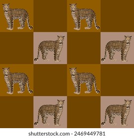Abstract Hand Drawing Checkered Retro Leopard Seamless Vector Pattern Isolated Background	
