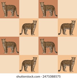 Abstract Hand Drawing Checkered Retro Leopard Seamless Vector Pattern Isolated Background	
