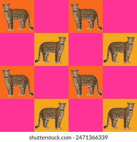 Abstract Hand Drawing Checkered Retro Leopard Seamless Vector Pattern Isolated Background	
