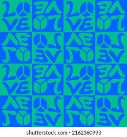 Abstract Hand Drawing Checkered Tile Love Text Peace Sign Seamless Retro Vector Pattern Isolated Background