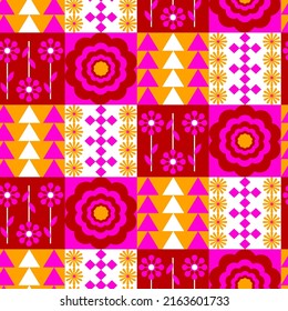 Abstract Hand Drawing Checkered Tile Floral Geometric Flowers Squares Seamless Vector Pattern Isolated Background 