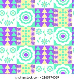 Abstract Hand Drawing Checkered Tile Floral Geometric Flowers Squares Seamless Vector Pattern Isolated Background 
