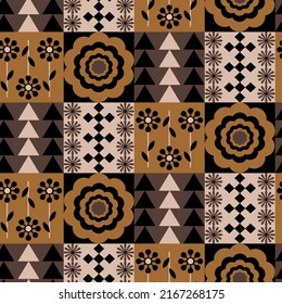 Abstract Hand Drawing Checkered Tile Floral Geometric Flowers Squares Seamless Vector Pattern Isolated Background 
