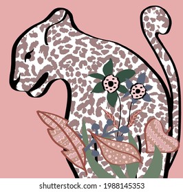 Abstract Hand Drawing Cheetah with FLowers and Leaves Tropical Vector Pattern Isolated Background