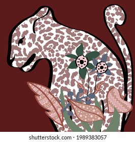Abstract Hand Drawing Cheetah with FLowers and Leaves Tropical Vector Pattern Isolated Background