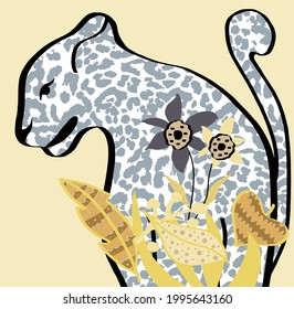 Abstract Hand Drawing Cheetah with FLowers and Leaves Tropical Vector Pattern Isolated Background