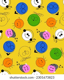 Resumen Mano Dibujar Cómic Infantil Rostros De Sonrisas Iconos Botones Botones De Iconos Sin Maravilla Patrón Vector Aislado Fondo